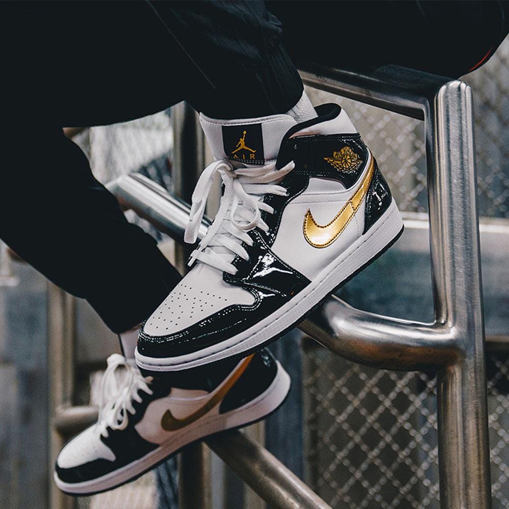 Air Jordan 1 Mid Patent 'Black Gold'- Streetwear Fashion - ellesey.com