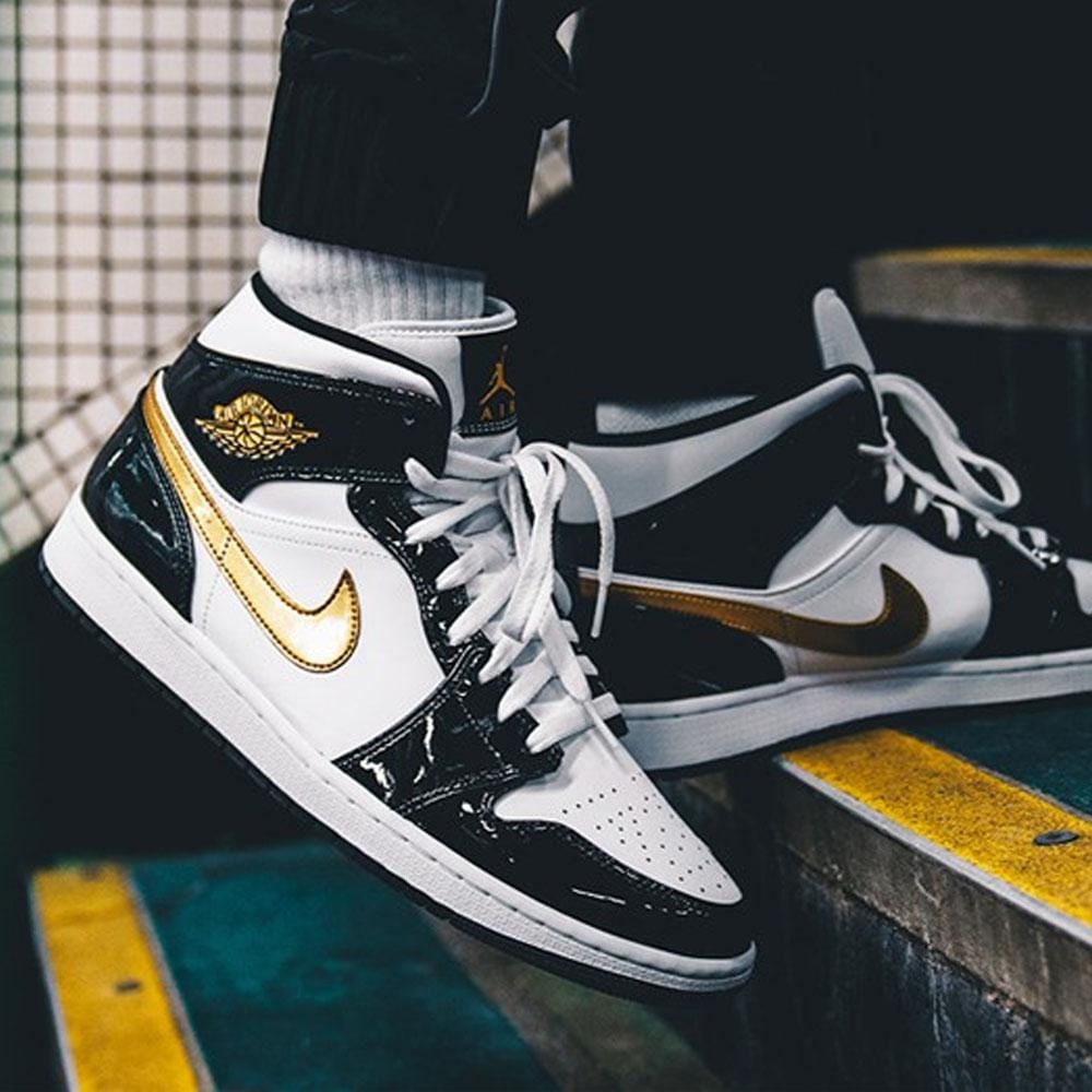 Air Jordan 1 Mid Patent 'Black Gold'- Streetwear Fashion - ellesey.com