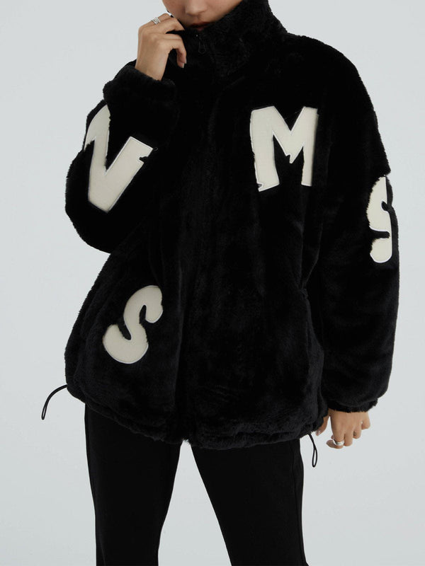 Ellesey - Alphabet PU Applique Plush Winter Coat- Streetwear Fashion - ellesey.com