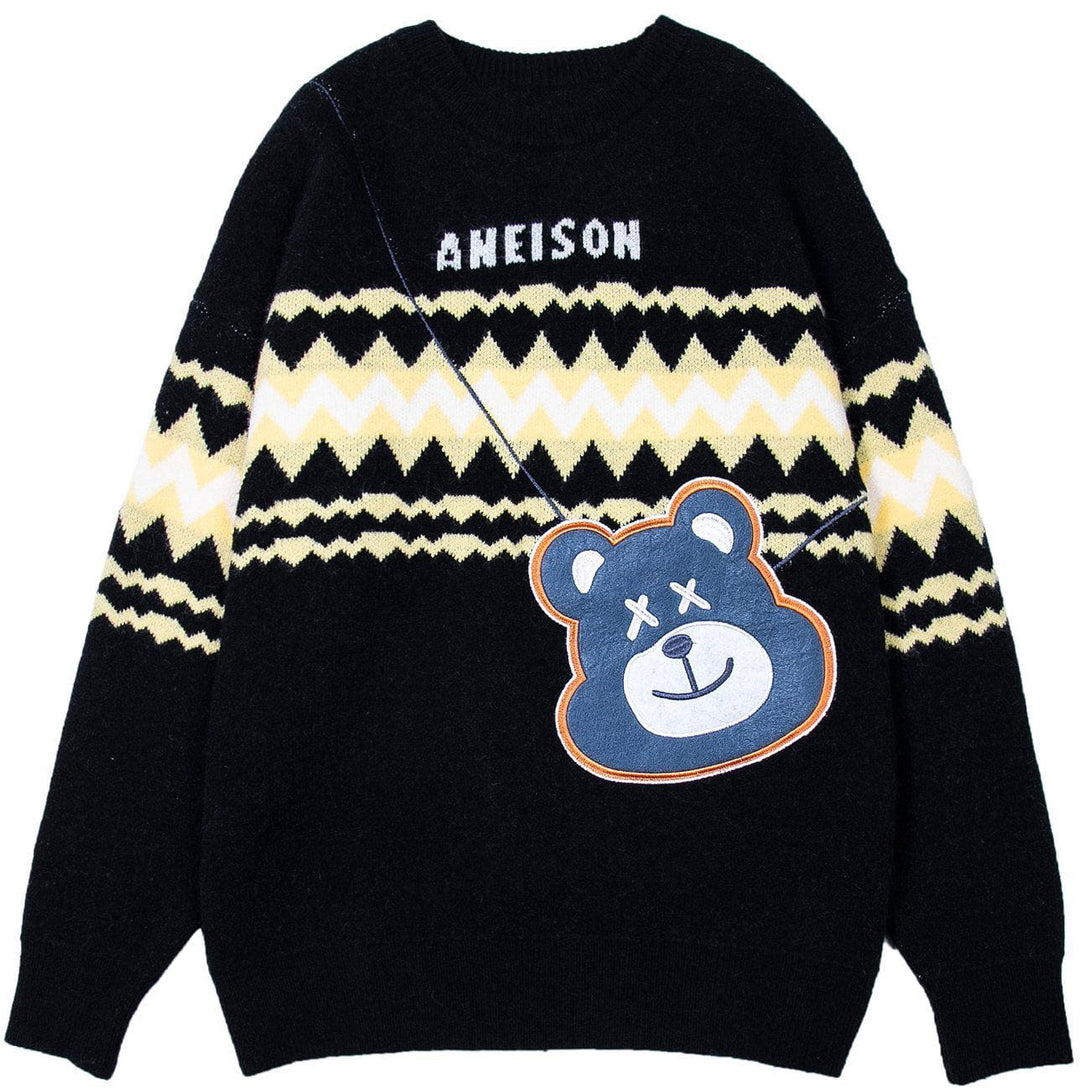 Ellesey - Bear Bag Pattern Stitching Knit Sweater-Streetwear Fashion - ellesey.com