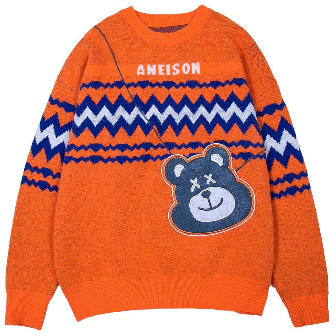 Ellesey - Bear Bag Pattern Stitching Knit Sweater-Streetwear Fashion - ellesey.com