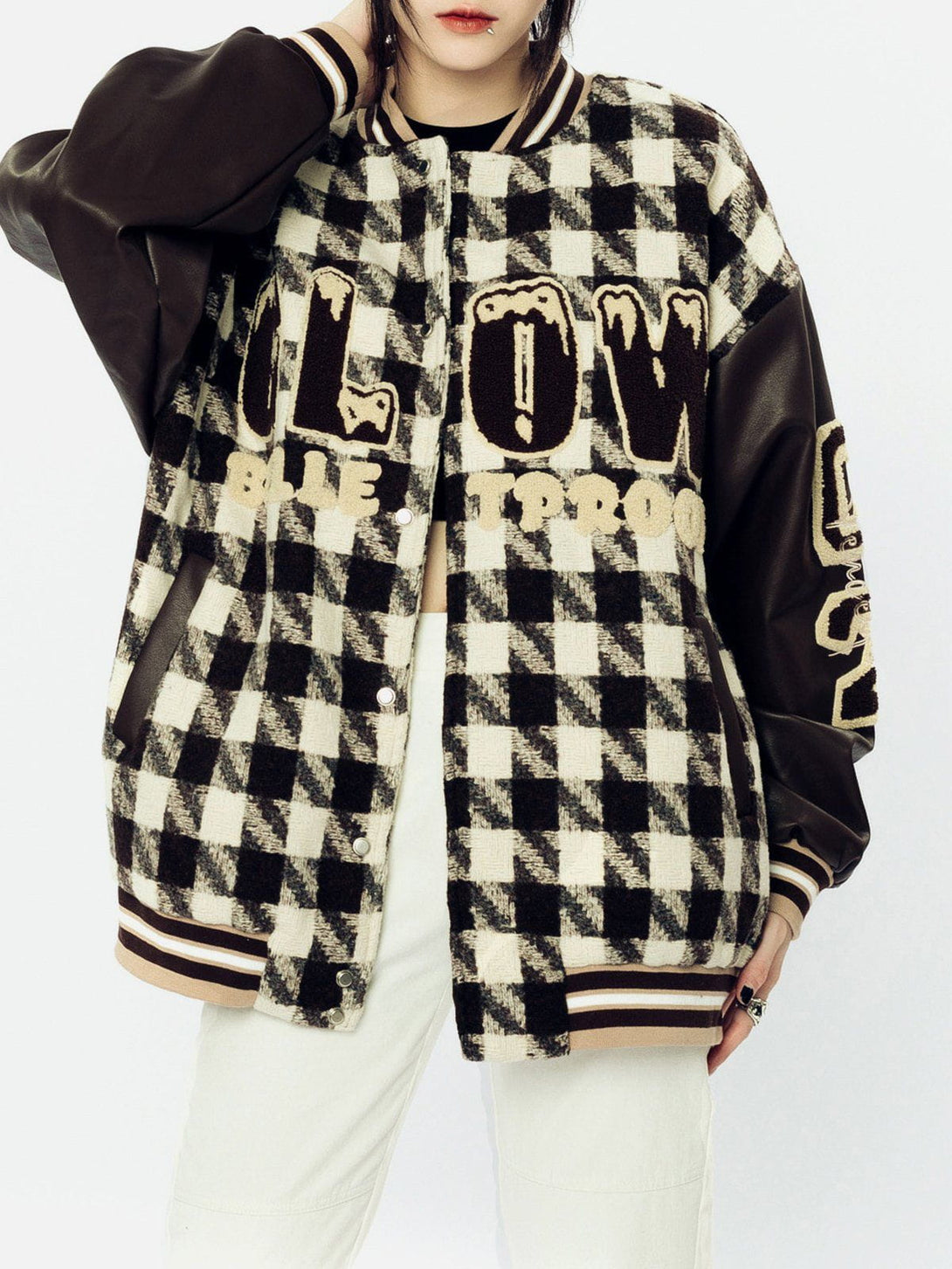 Ellesey - Check Flocked Letters Varsity Jacket- Streetwear Fashion - ellesey.com