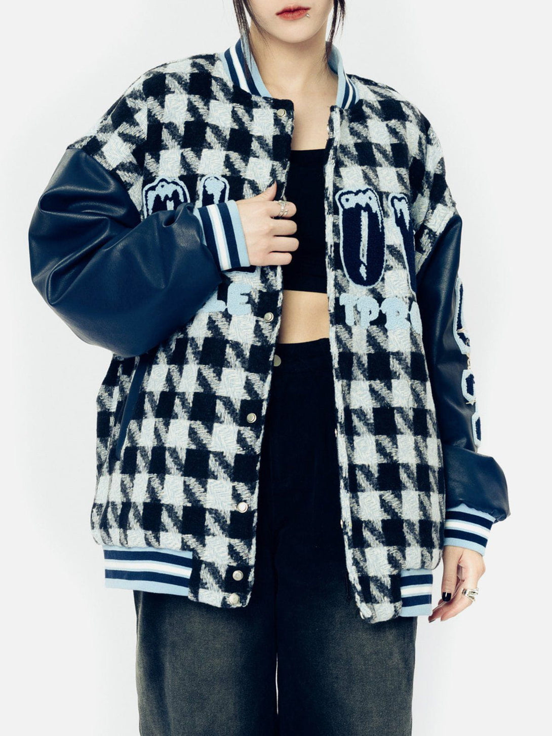 Ellesey - Check Flocked Letters Varsity Jacket- Streetwear Fashion - ellesey.com