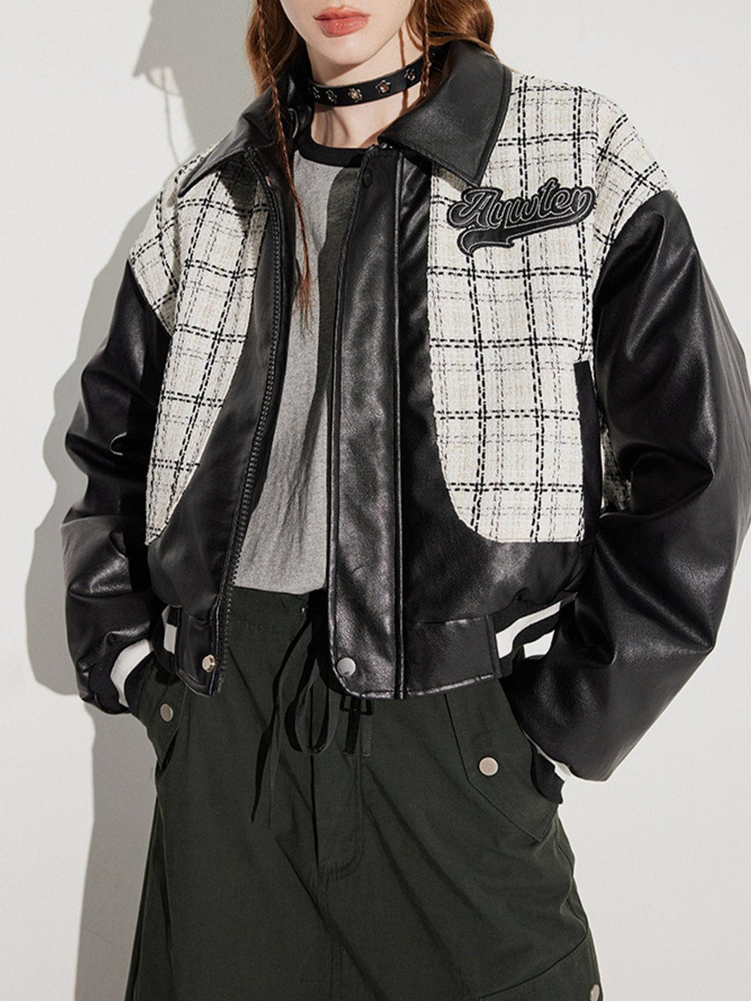 Ellesey - Check Patchwork PU Embroidery Winter Coat- Streetwear Fashion - ellesey.com