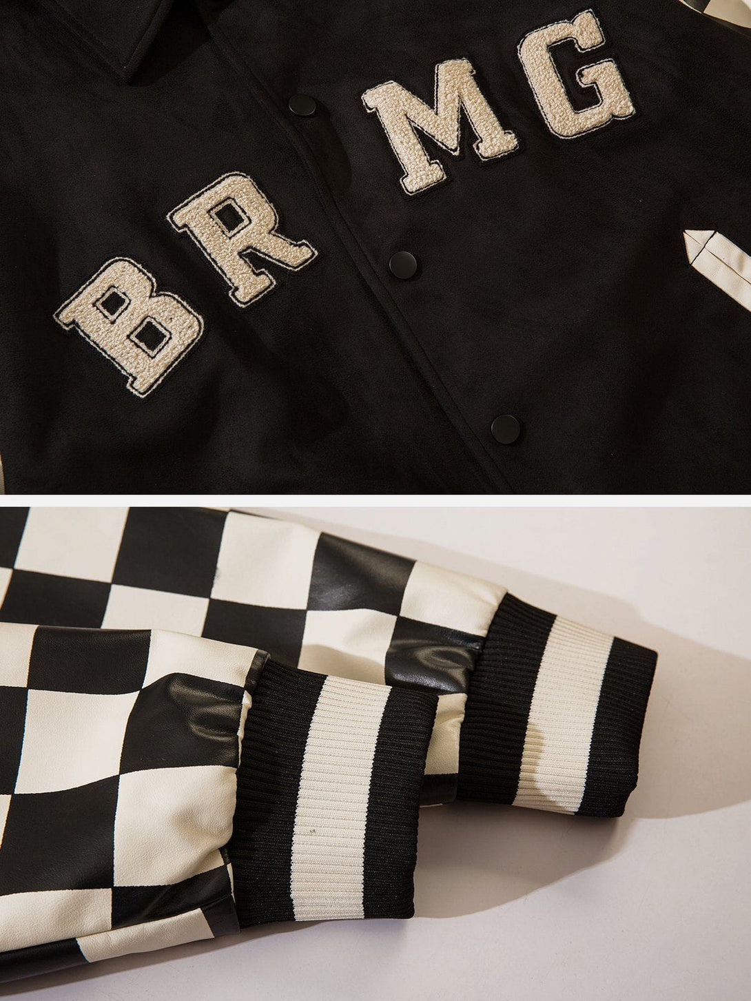 Ellesey - Checkerboard Towel Embroidered Suede Varsity Jacket- Streetwear Fashion - ellesey.com