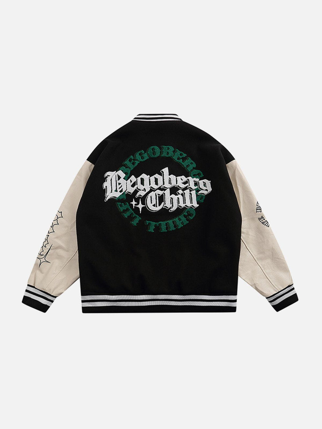 Ellesey - Circular Letter Flocked Star Print Varsity Jacket- Streetwear Fashion - ellesey.com