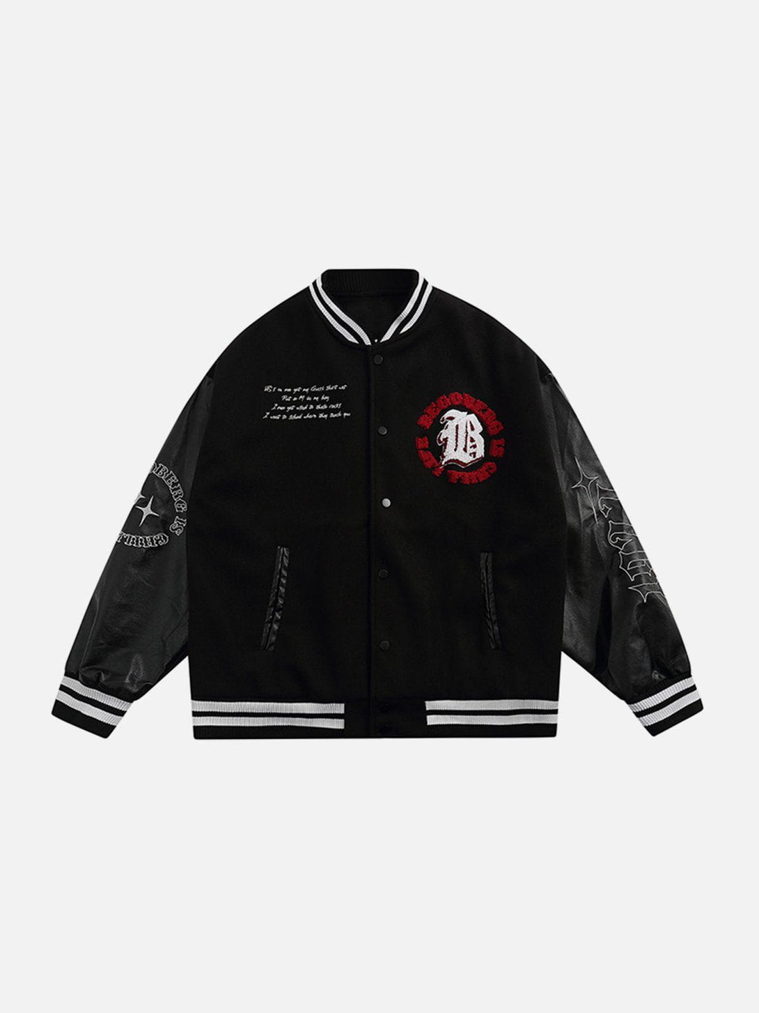 Ellesey - Circular Letter Flocked Star Print Varsity Jacket- Streetwear Fashion - ellesey.com