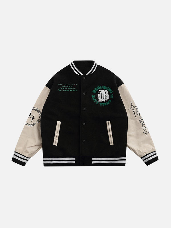 Ellesey - Circular Letter Flocked Star Print Varsity Jacket- Streetwear Fashion - ellesey.com