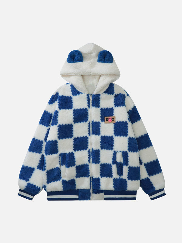 Ellesey - Contrast Check Hood Sherpa Coat-Streetwear Fashion - ellesey.com