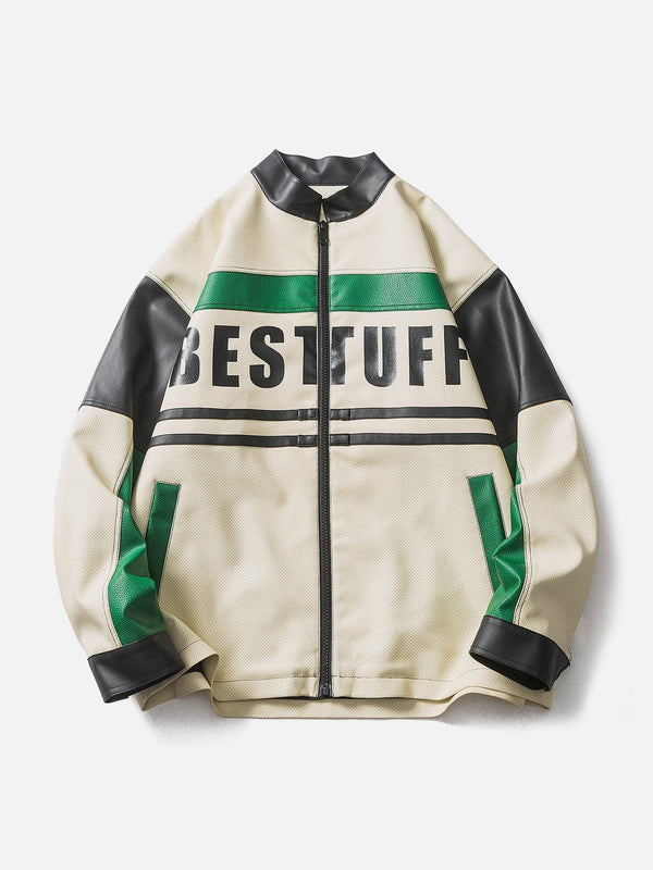 Ellesey - Contrast Splicing Stand Collar Leather Jacket- Streetwear Fashion - ellesey.com