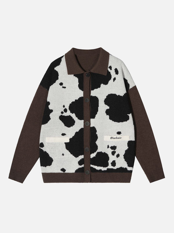 Ellesey - Cow Print Polo Collar Cardigan-Streetwear Fashion - ellesey.com