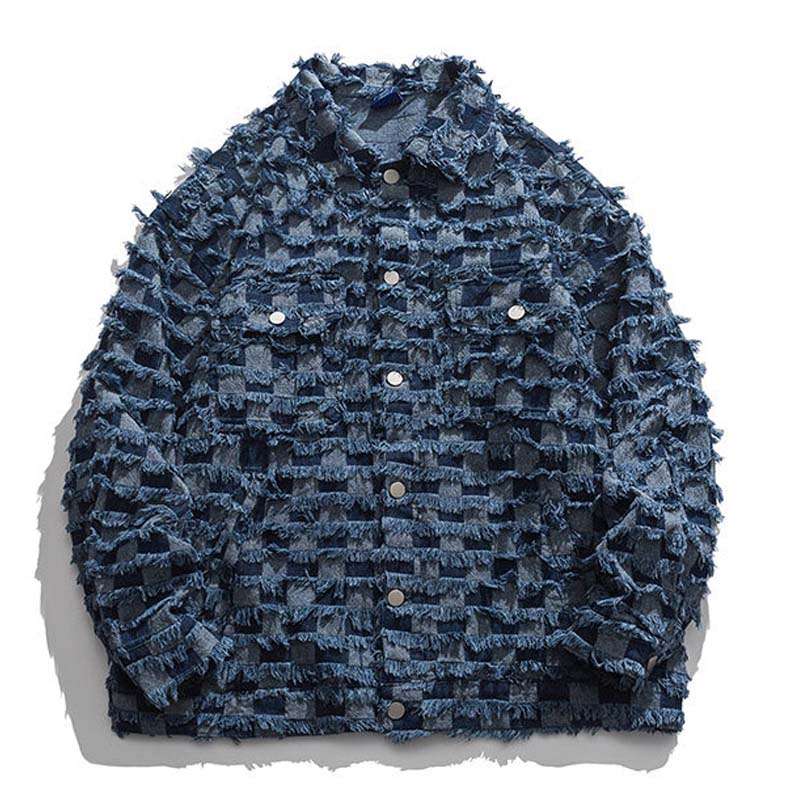 Ellesey - Denim Shearing Chessboard Tassel Craft Lapel Jacket- Streetwear Fashion - ellesey.com