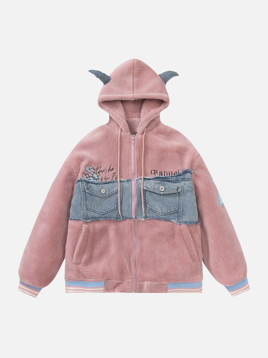 Ellesey - Devil Horn Denim Panel Sherpa Coat-Streetwear Fashion - ellesey.com