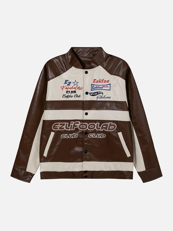 Ellesey - Embroidery Letter Racing PU Jacket- Streetwear Fashion - ellesey.com