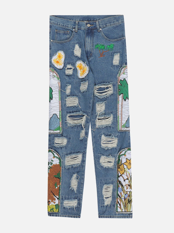 Ellesey - Embroidery Painting Hole Jeans- Streetwear Fashion - ellesey.com