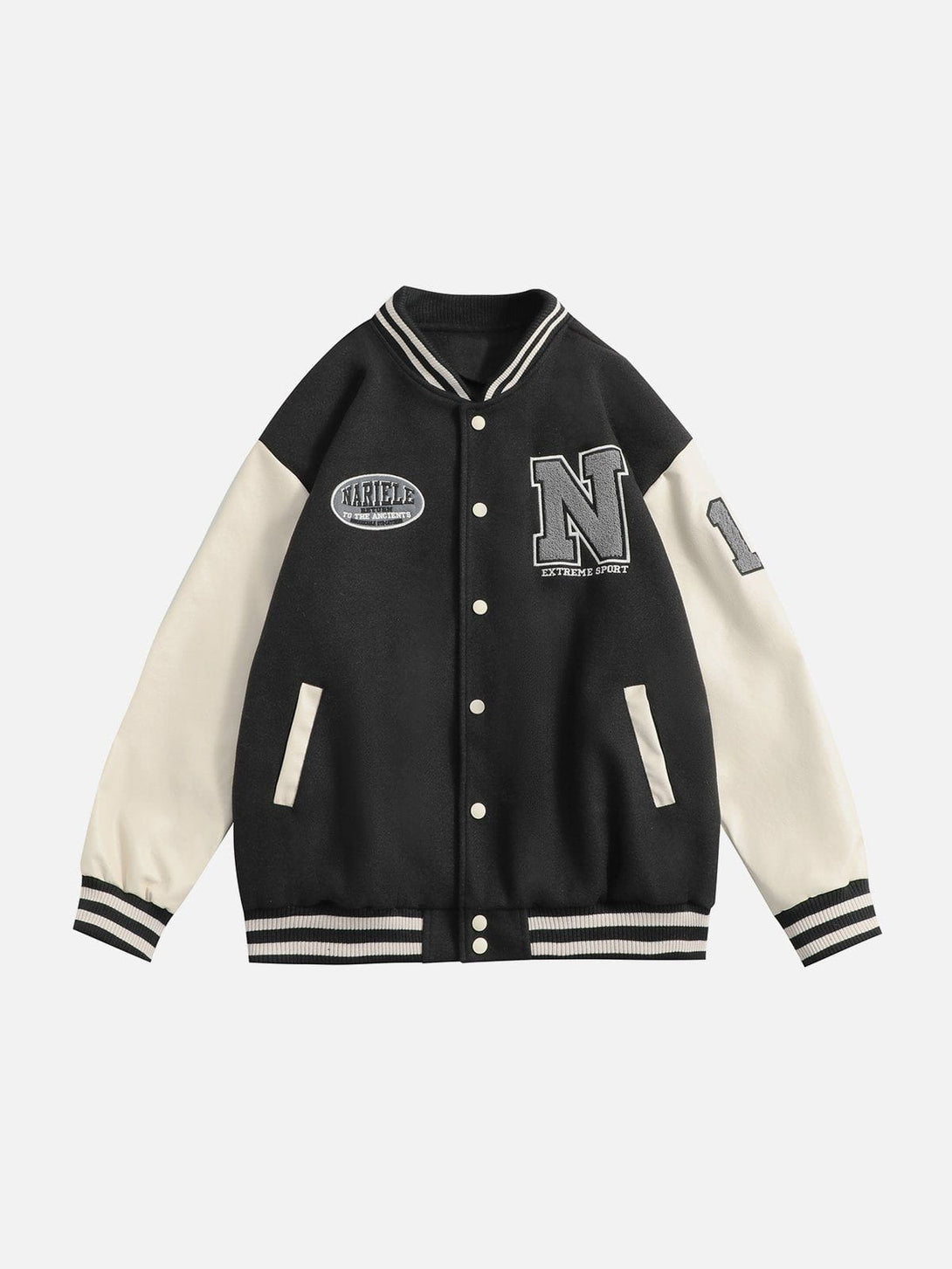 Ellesey - Flocking Letters PU Sleeves Varsity Jacket- Streetwear Fashion - ellesey.com