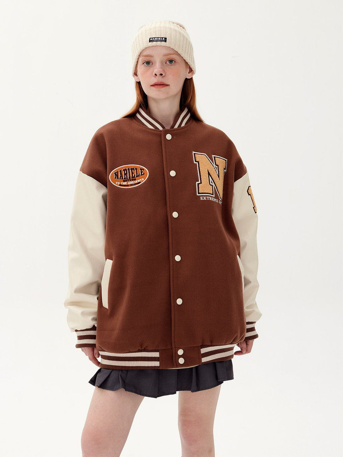 Ellesey - Flocking Letters PU Sleeves Varsity Jacket- Streetwear Fashion - ellesey.com