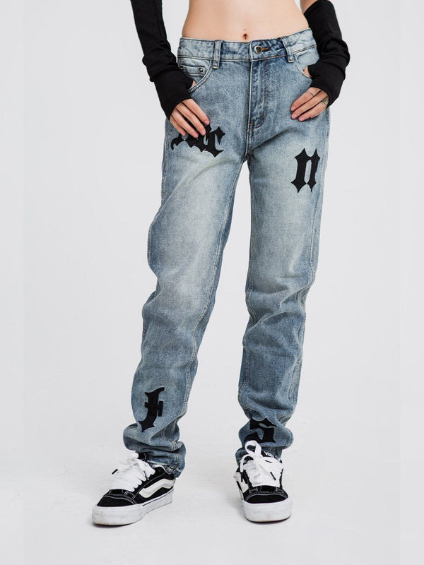 Ellesey - Gothic Alphabet Patch Embroidered Jeans- Streetwear Fashion - ellesey.com
