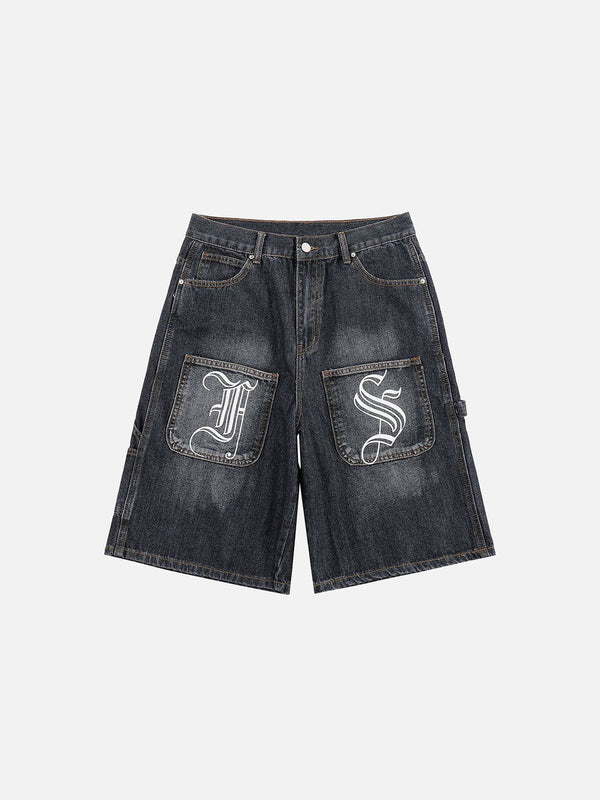 Ellesey - Gothic Alphabet Pockets Denim Shorts- Streetwear Fashion - ellesey.com