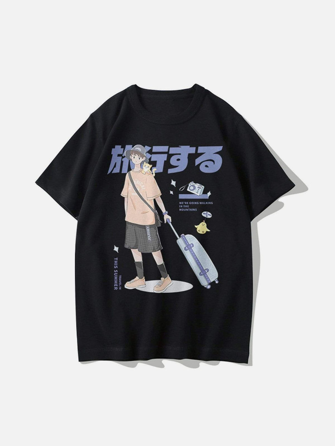 Ellesey - Japanese Anime Travel Boy Print Cotton Tee- Streetwear Fashion - ellesey.com