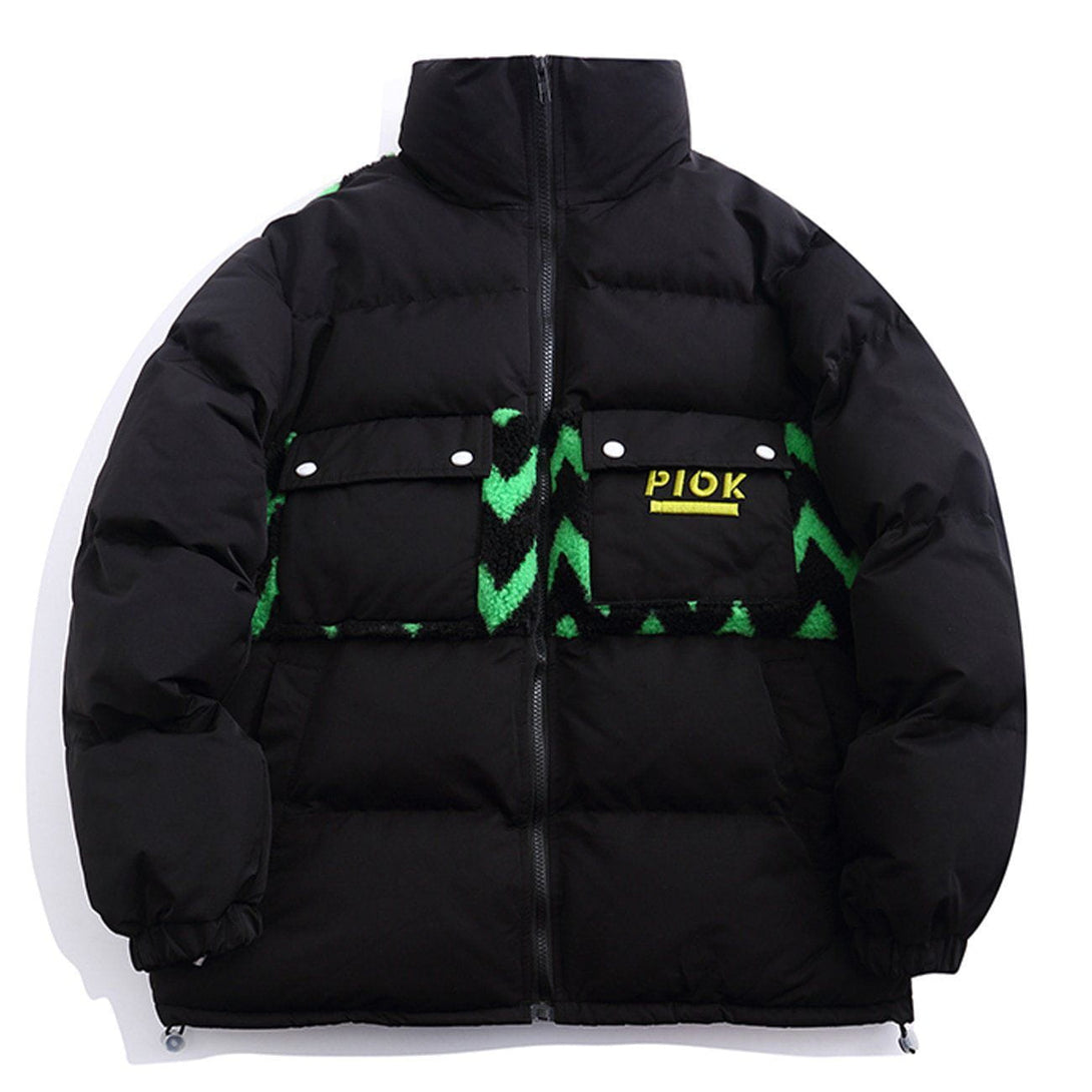 Ellesey - Letter Print Lamb Wool Stitching Puffer Jacket- Streetwear Fashion - ellesey.com