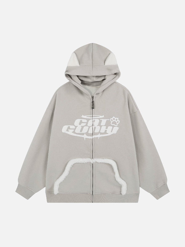 Ellesey - Letter Print Plush Pocket Zip Hoodie- Streetwear Fashion - ellesey.com