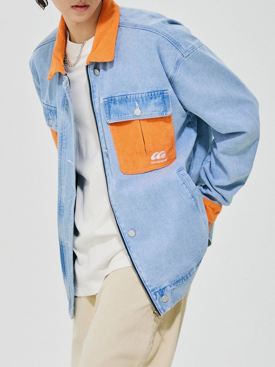 Ellesey - Orange Corduroy Patchwork Denim Jacket- Streetwear Fashion - ellesey.com