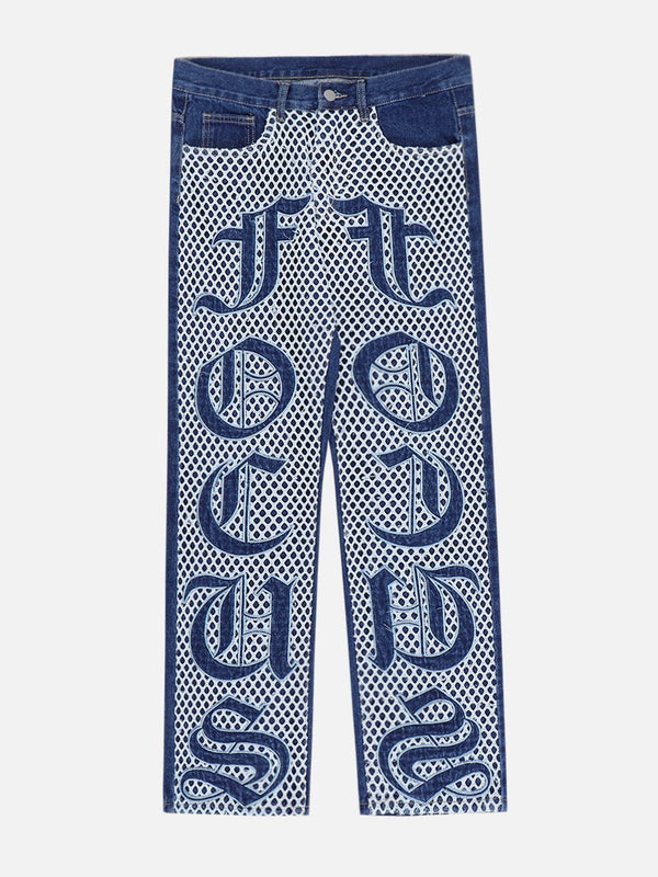 Ellesey - Patchwork Embroidered Gothic Letters Jeans- Streetwear Fashion - ellesey.com