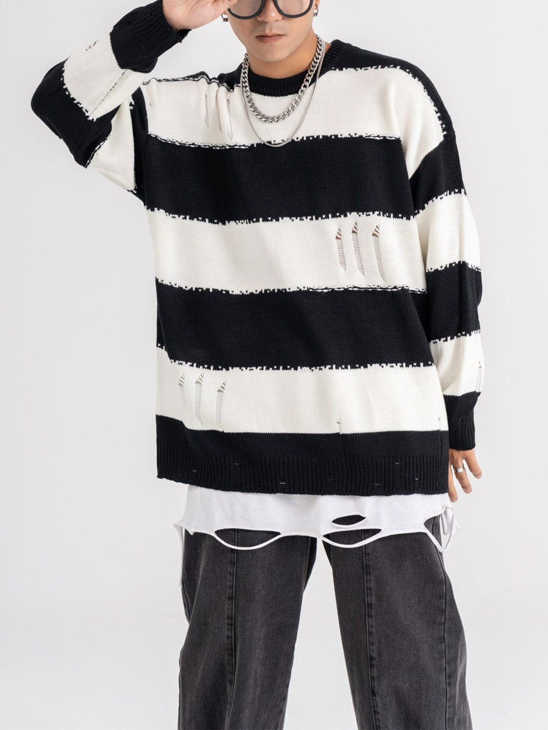 Ellesey - Ripped Stripes Jacquard Knit Sweater-Streetwear Fashion - ellesey.com