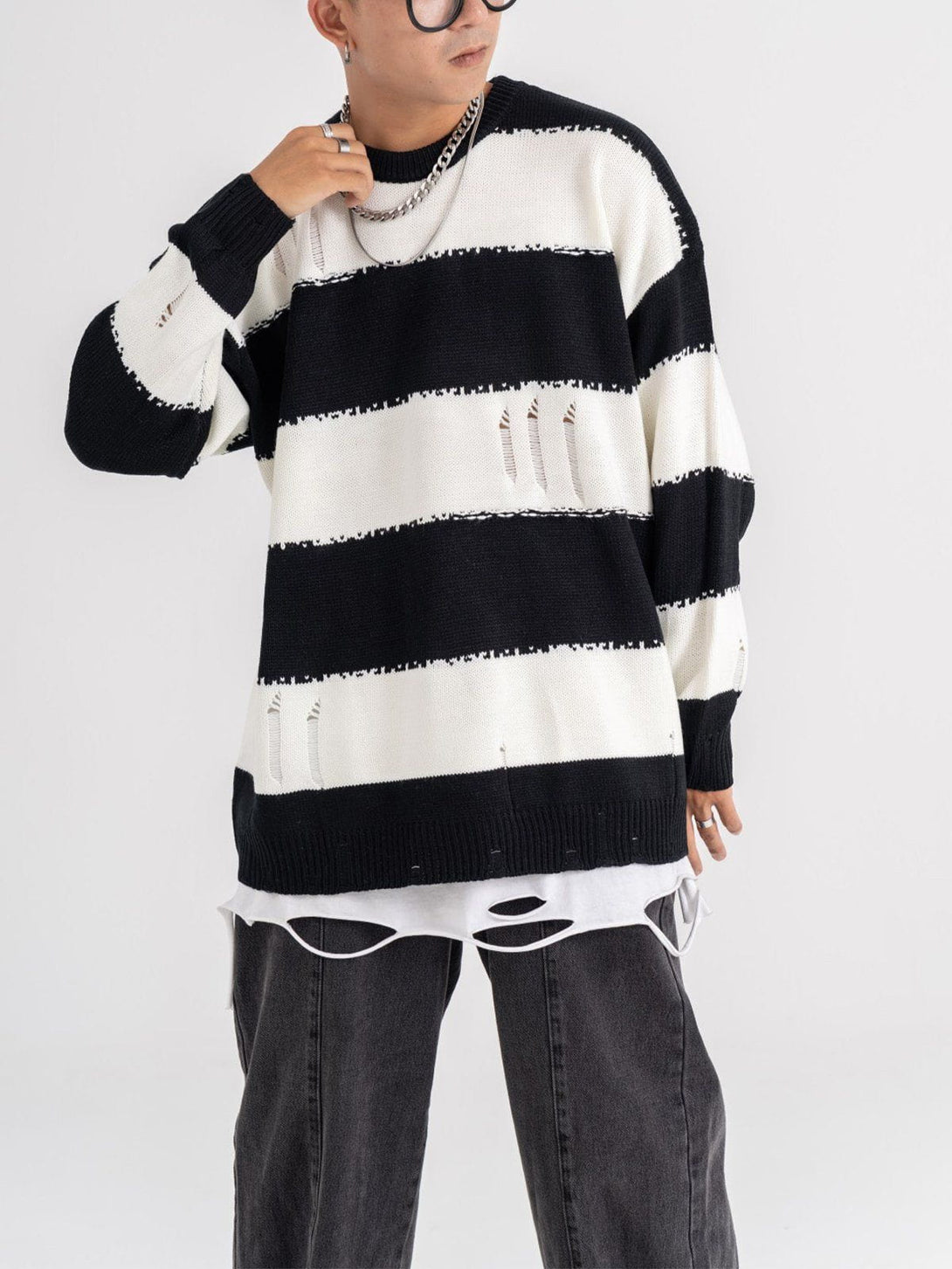 Ellesey - Ripped Stripes Jacquard Knit Sweater-Streetwear Fashion - ellesey.com