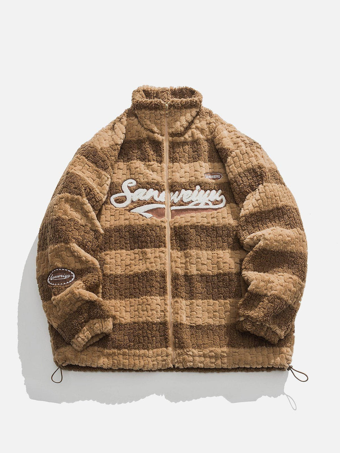 Ellesey - Stripe Flocked Letters Sherpa Coat-Streetwear Fashion - ellesey.com