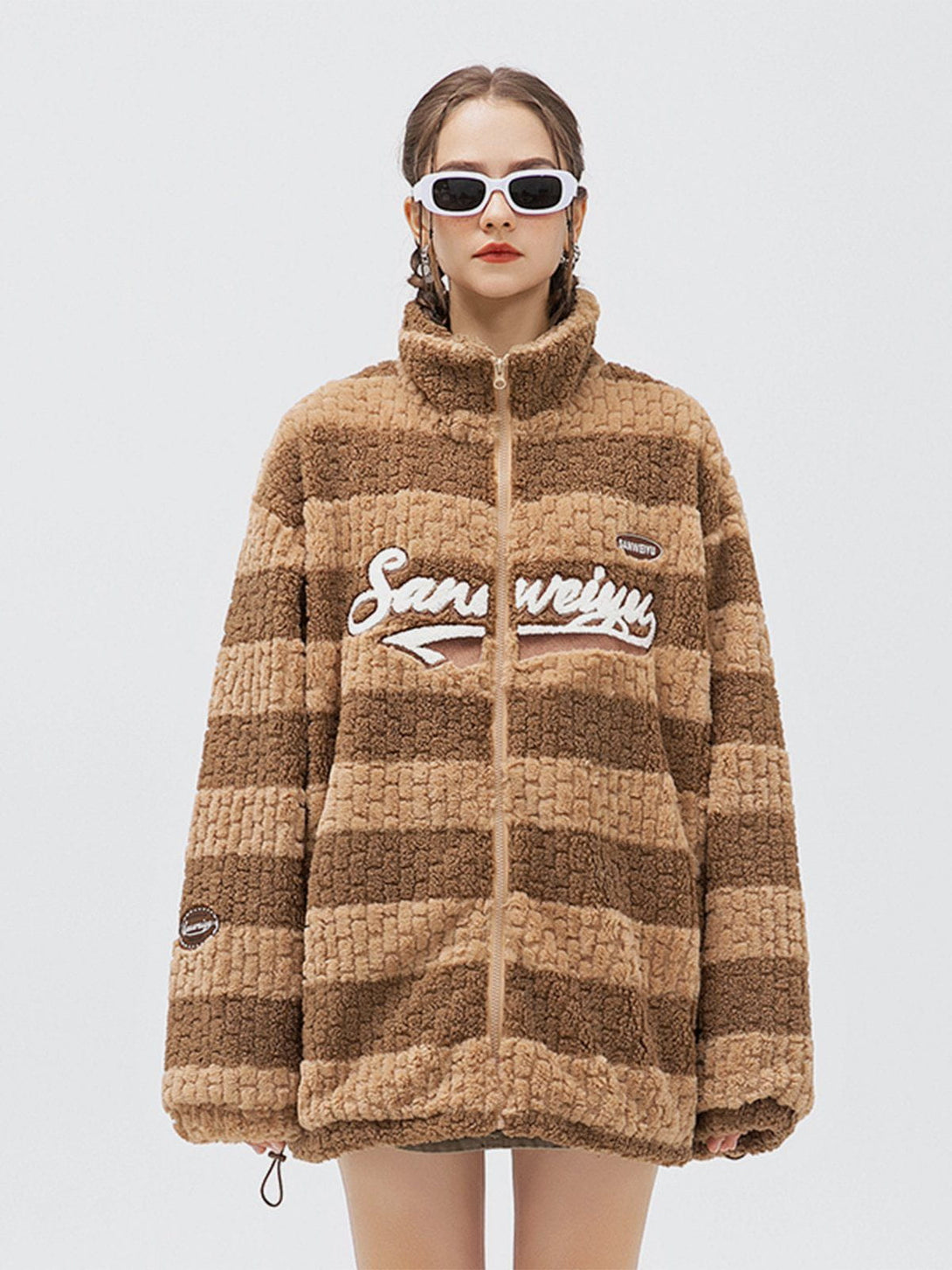 Ellesey - Stripe Flocked Letters Sherpa Coat-Streetwear Fashion - ellesey.com