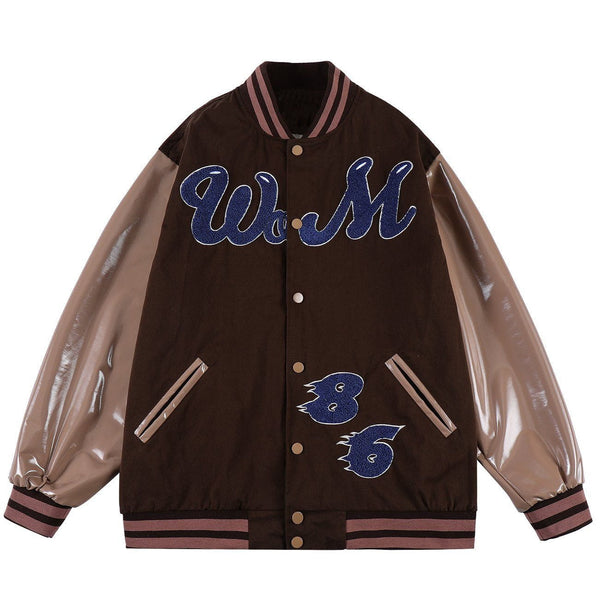 Ellesey - Towel Embroidery PU Sleeve Varsity Jacket- Streetwear Fashion - ellesey.com