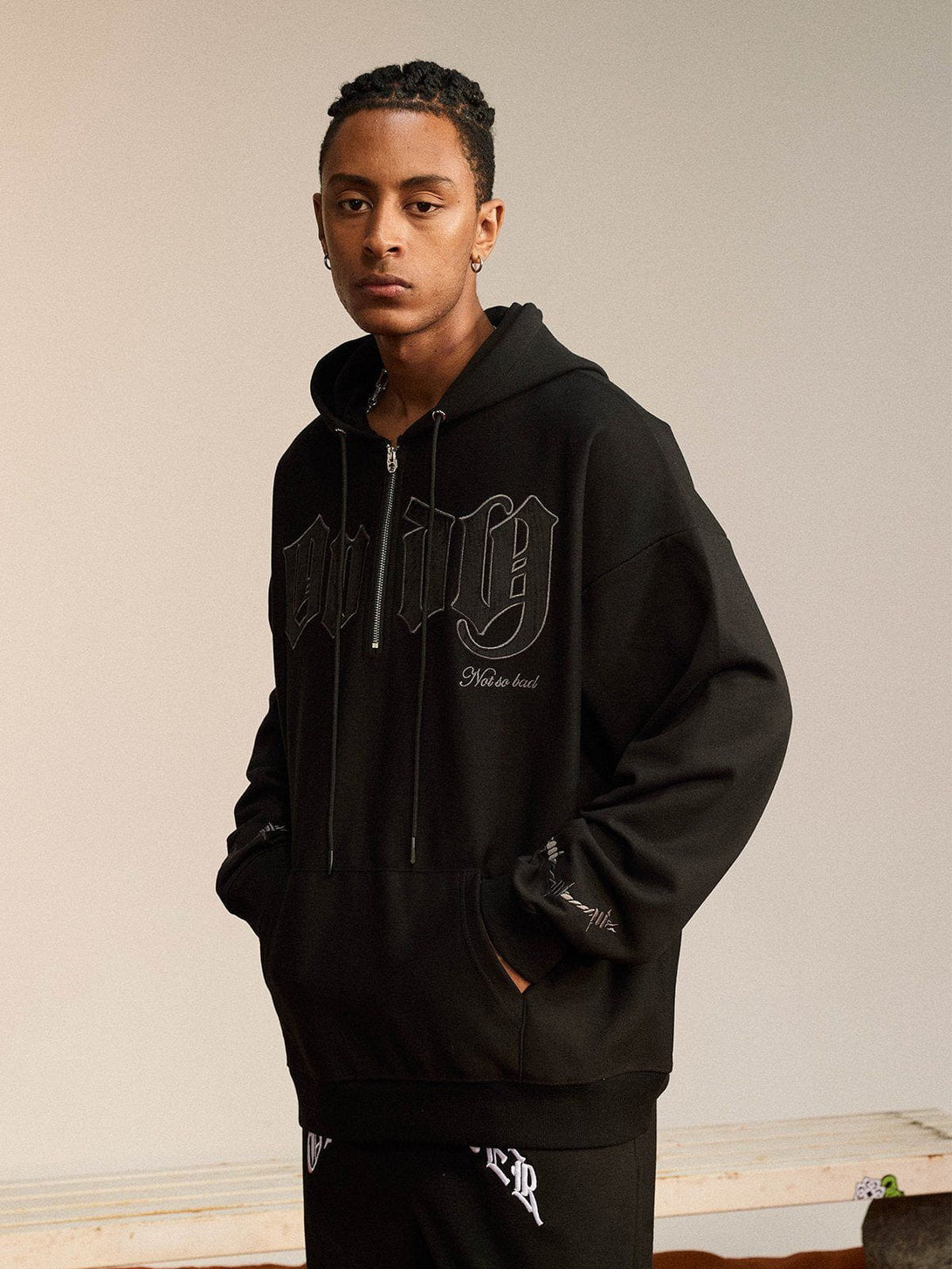 Ellesey - Vintage Curved Patch Embroidered Half-Zip Hoodie- Streetwear Fashion - ellesey.com