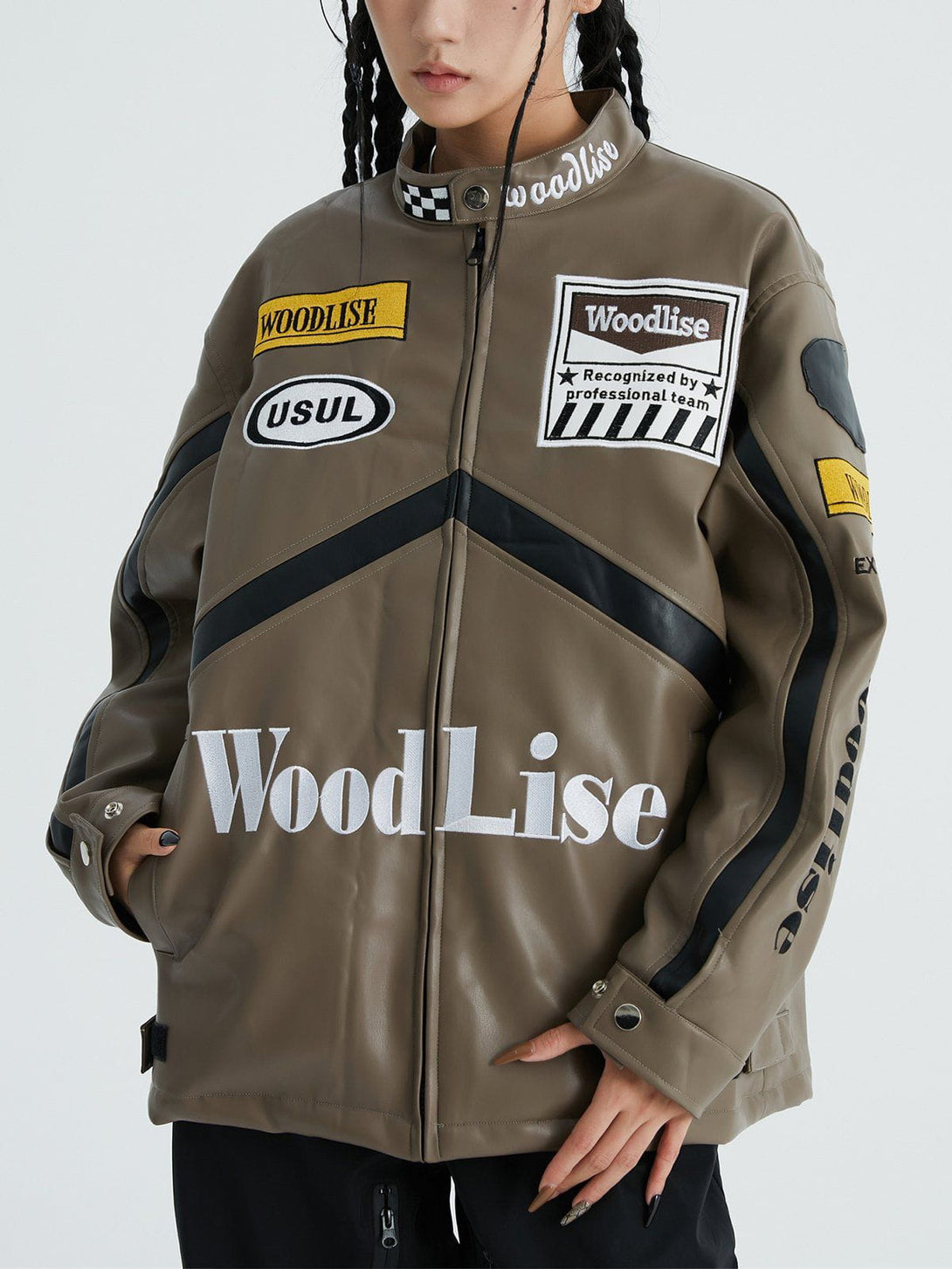 Ellesey - "Wood Lise" Embroidery Racing PU Jacket- Streetwear Fashion - ellesey.com