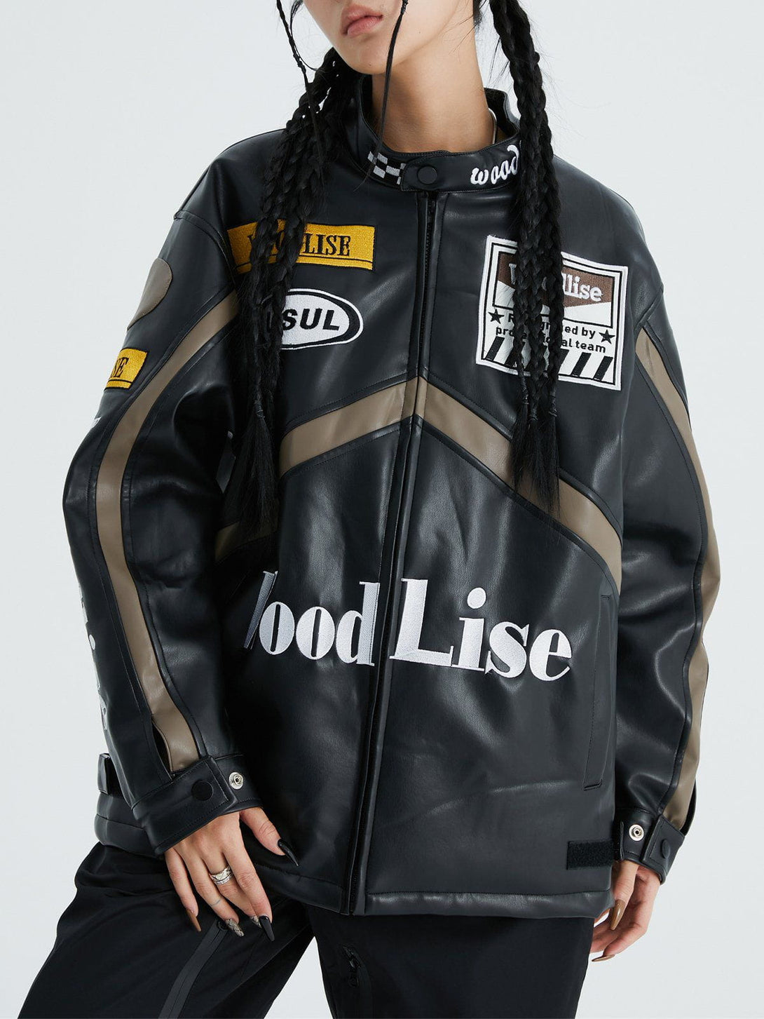 Ellesey - "Wood Lise" Embroidery Racing PU Jacket- Streetwear Fashion - ellesey.com