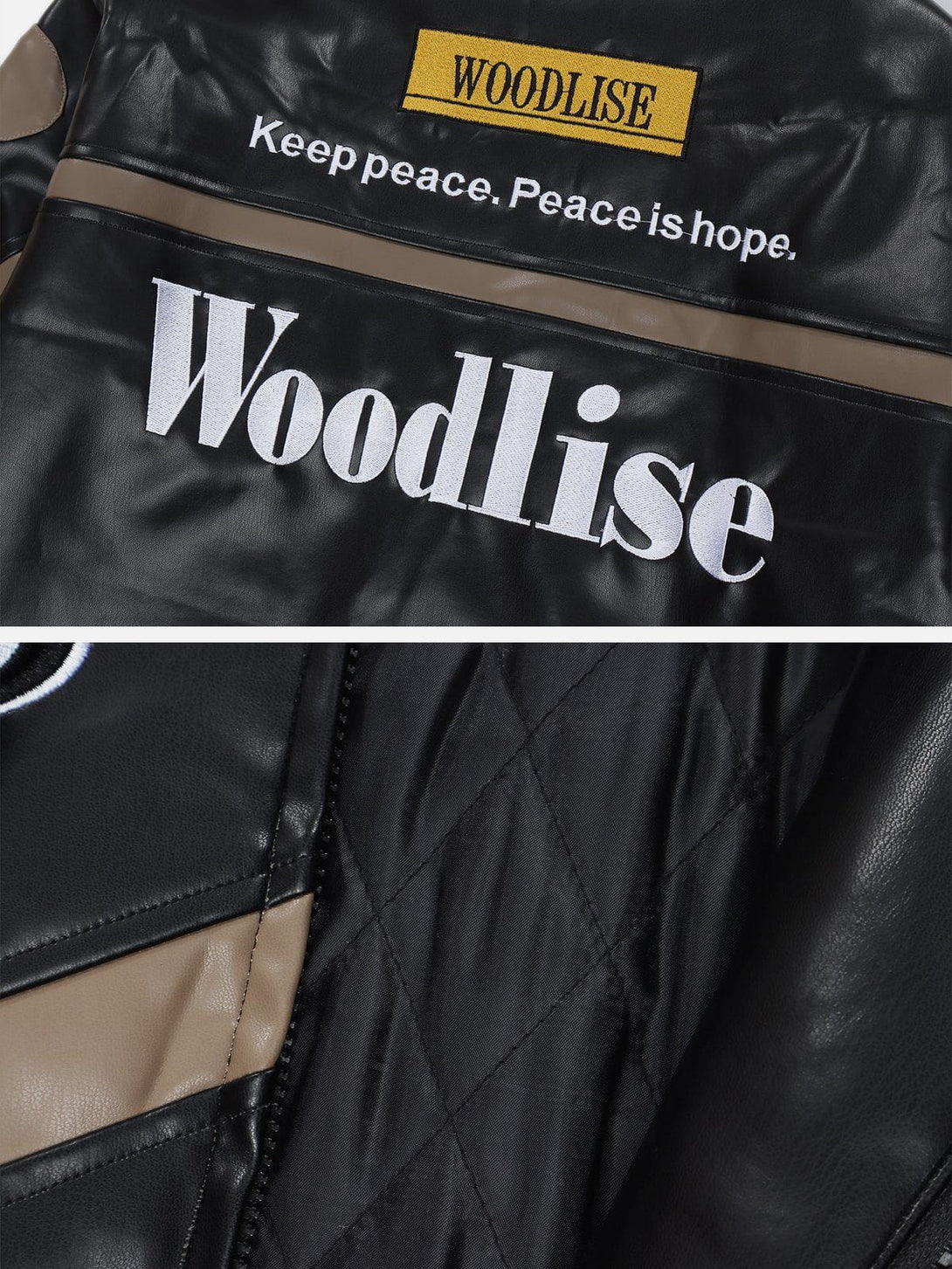 Ellesey - "Wood Lise" Embroidery Racing PU Jacket- Streetwear Fashion - ellesey.com