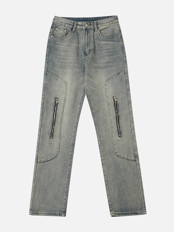 Ellesey - Zipper Decoration Washed Patchwork Jeans- Streetwear Fashion - ellesey.com